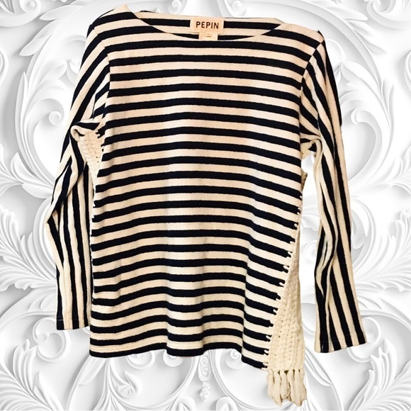 Anthropologie Pepin Blue Striped Ponte Top With Crochet Insets On Sides - Picture 8 of 8